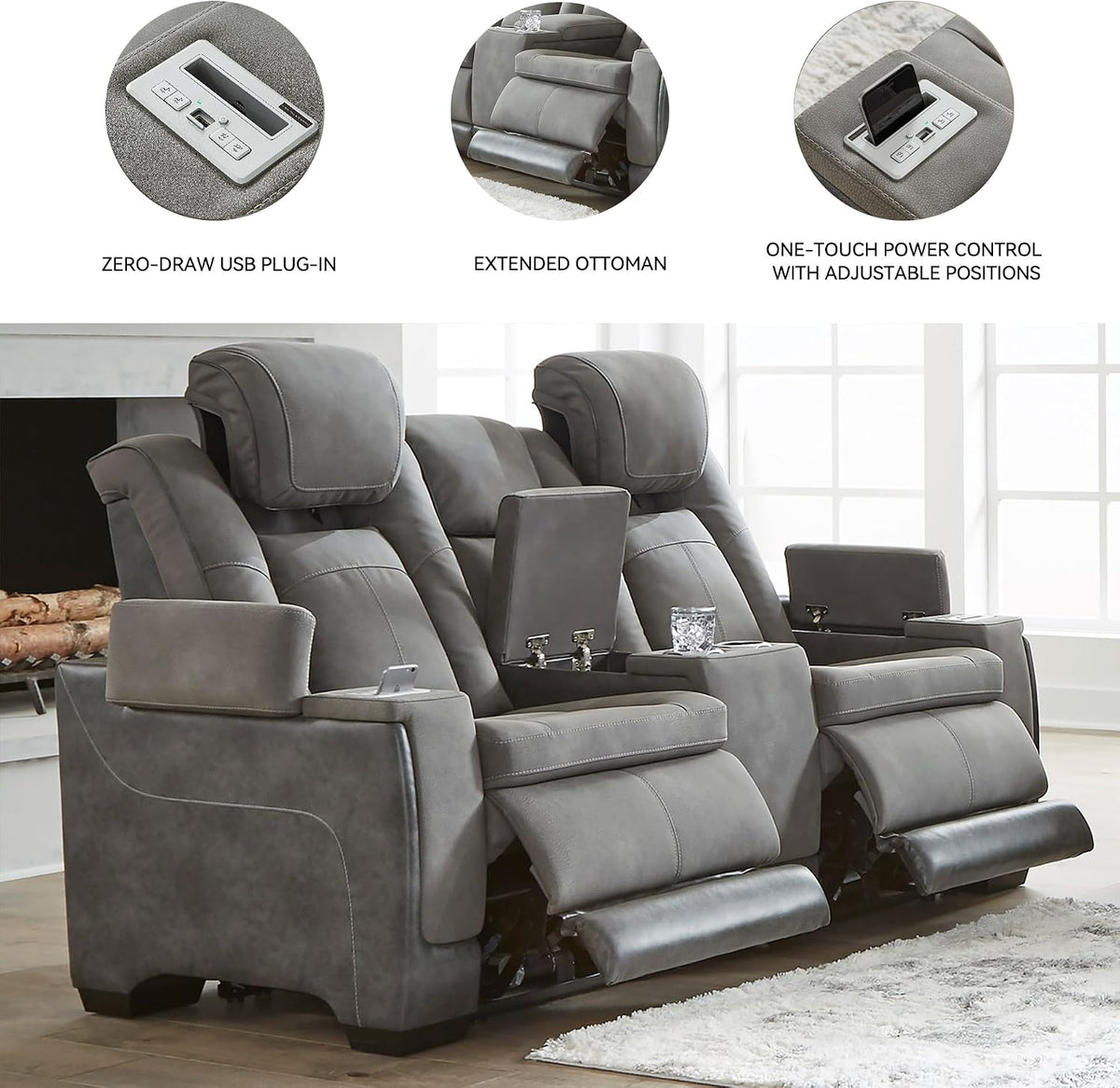 Signature Design by Ashley Power Reclining Loveseat with Console, Gray | Water-resistant faux leather, Zero-gravity recline, Easy View adjustable headrest, Wireless charging, Next-Gen Durapella