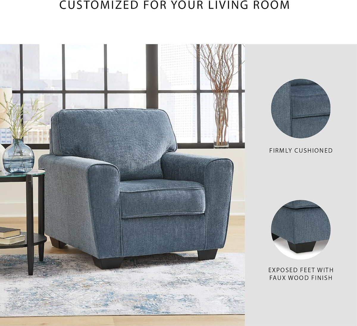 Signature Design by Ashley Cashton Oversized Accent Chair, Blue Arm Chair | Soft 100% polyester chenille, Durable wood and engineered wood frame, Spacious design for ultimate living room comfort