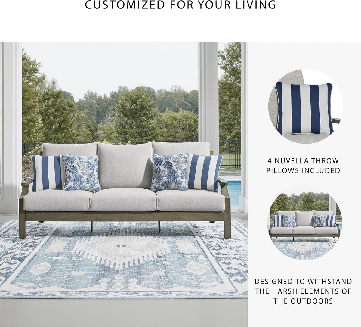 Signature Design by Ashley Rainier Ranch 3-Seat Outdoor Sofa, Beige | Rust-resistant wood-look aluminum frame, UV-resistant Nuvella+ cushions, 3-seat casual contemporary patio sofa