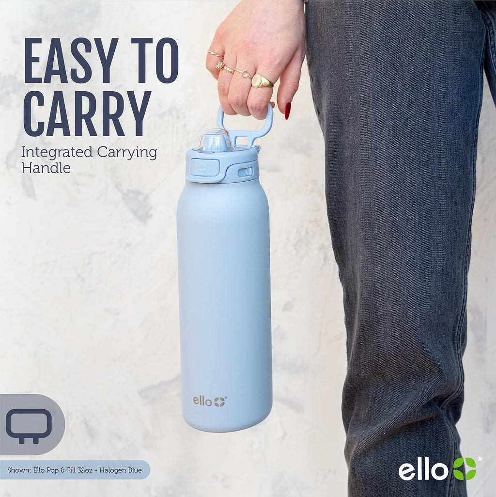 Ello Pop & Fill Insulated Stainless Steel Water Bottle with Quick Fill Lid, Leakproof Locking, Sip or Chug Spout, BPA-Free, Double Wall Vacuum Insulated for Sports, Travel & School- 22oz / 32oz / 40oz