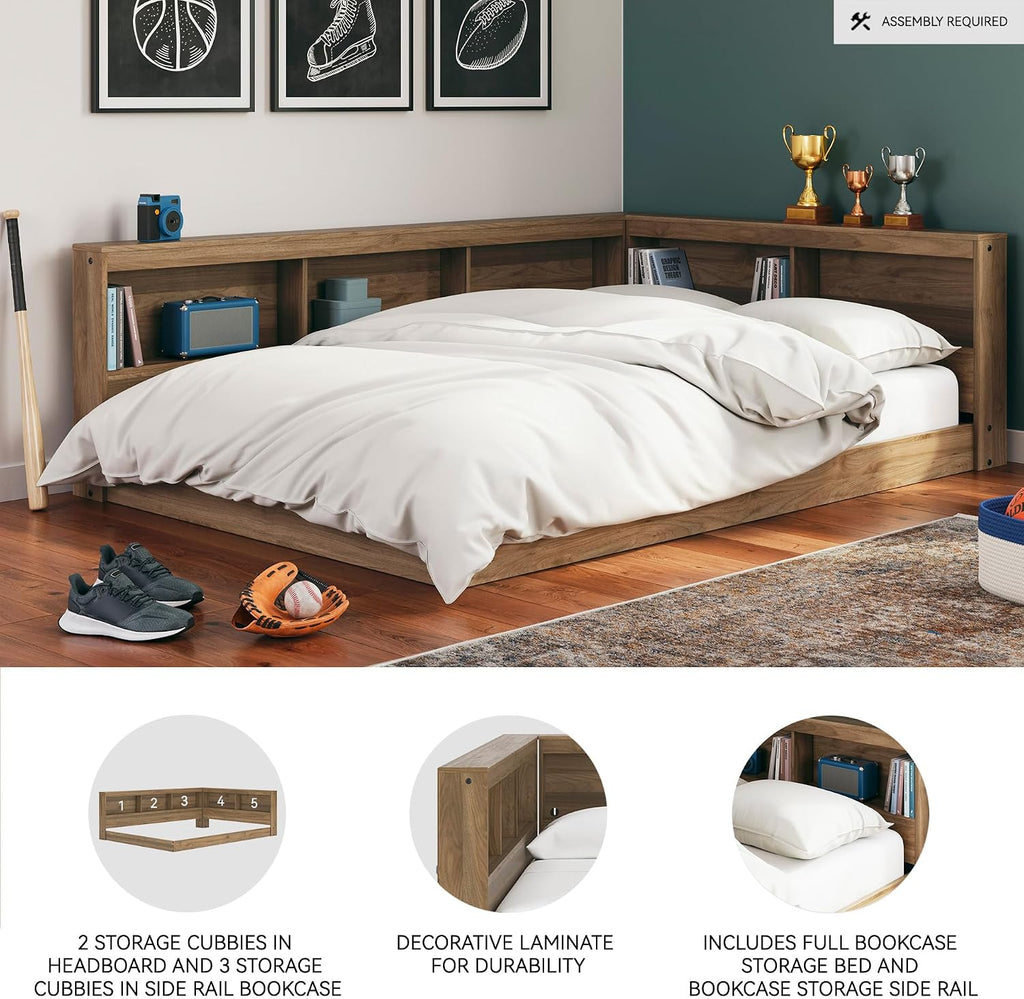 Signature Design by Ashley Deanlow Full Bookcase Storage Bed, Honey | Integrated bookcase headboard, Low-profile full size bed frame, Durable honey brown laminate, Youth rooms