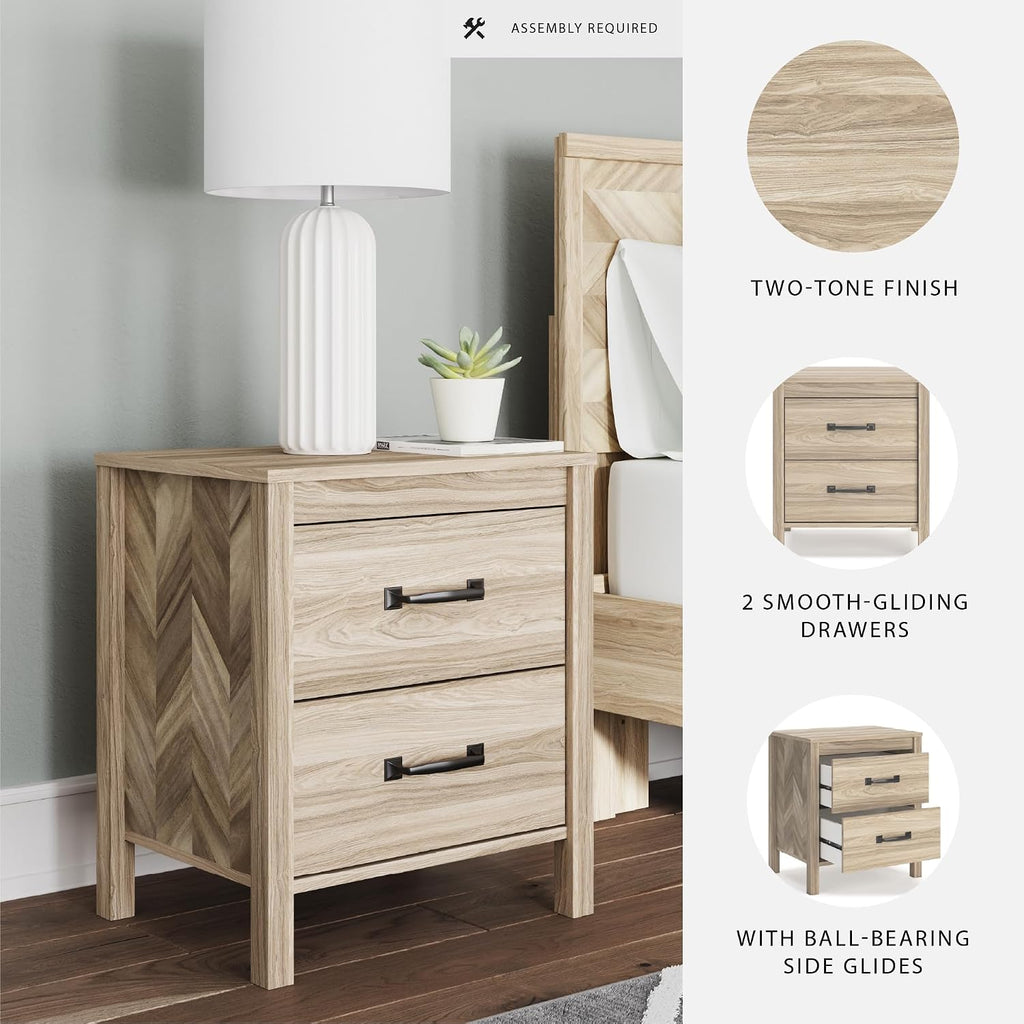 Signature Design by Ashley Battelle Nightstand, Mid Century Modern 2 Drawer Bedside Table, Engineered Wood Construction for Bedroom Storage, Light Oak Finish, 22 inches W