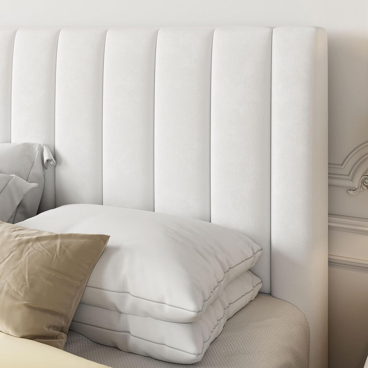 Allewie Queen Bed Frame/Velvet Upholstered Bed Frame with Vertical Channel Tufted Headboard/Strong Wooden Slats/Platform Bed Frame/Mattress Foundation/Box Spring Optional/Easy Assembly/White