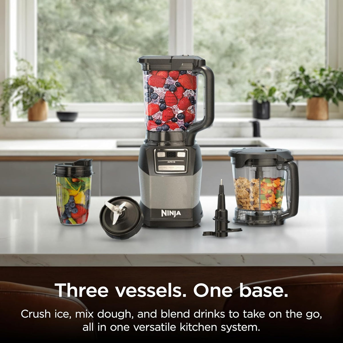 Ninja Compact Kitchen System, Auto-iQ, 1200W, 72oz Pitcher, Grey, AMZ493BRN | 3 functions for smoothies, dough & frozen drinks with Auto-iQ. 72-oz pitcher, 40-oz processor bowl, 18-oz cup.