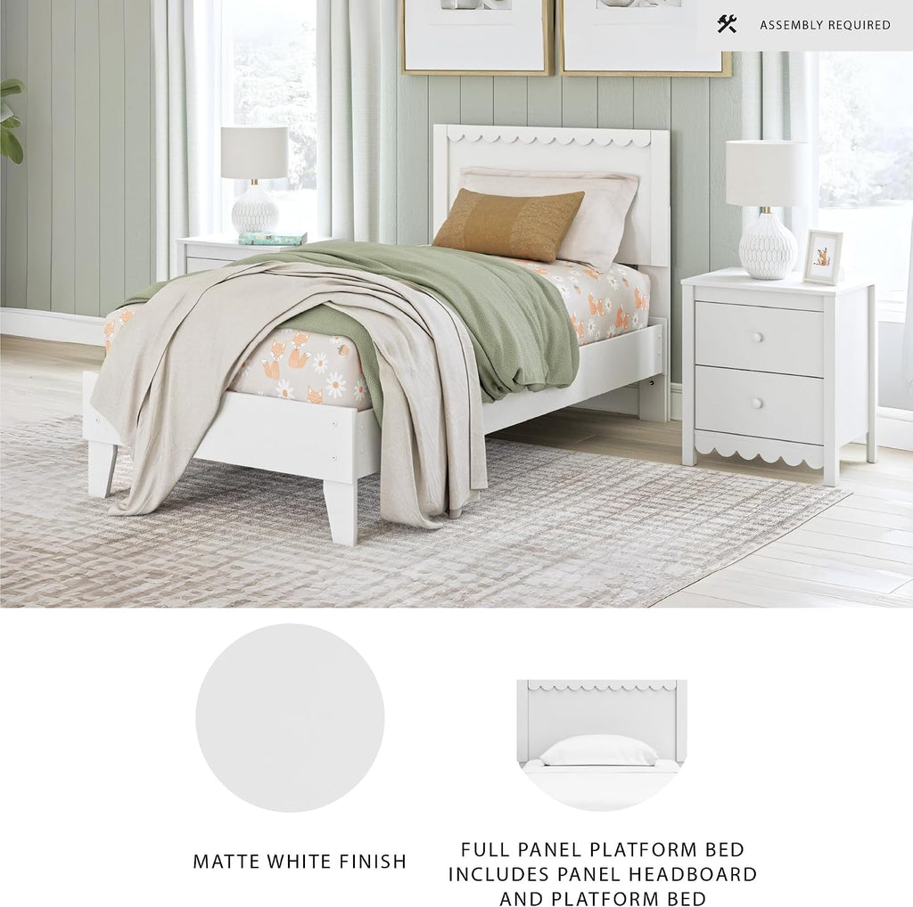 Signature Design by Ashley Hallityn Twin Scalloped Bed Frame, White | Scalloped headboard for cottage charm, Durable engineered wood, 350-lb capacity platform design
