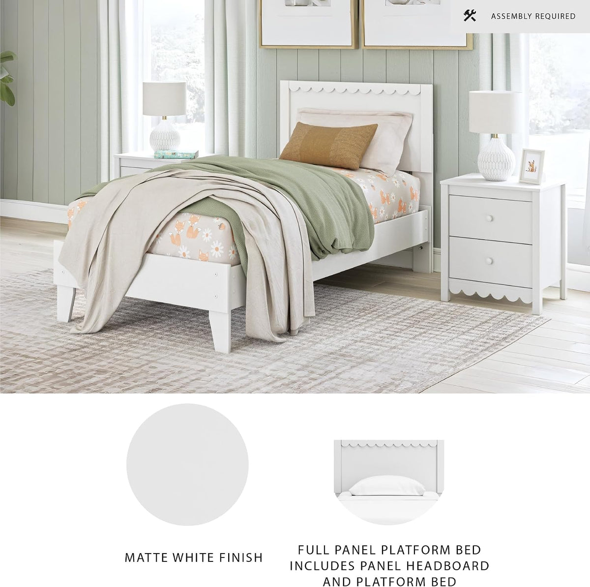 Signature Design by Ashley Hallityn Twin Scalloped Bed Frame, White | Scalloped headboard for cottage charm, Durable engineered wood, 350-lb capacity platform design