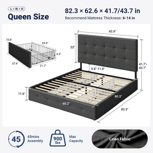 Allewie Queen Size Storage Bed Frame with 4 Underbed Drawers, Upholstered Platform Bed with Adjustable Headboard, Square Button Tufted, Easy Assembly, Noise-Free, No Box Spring Needed, Dark Grey