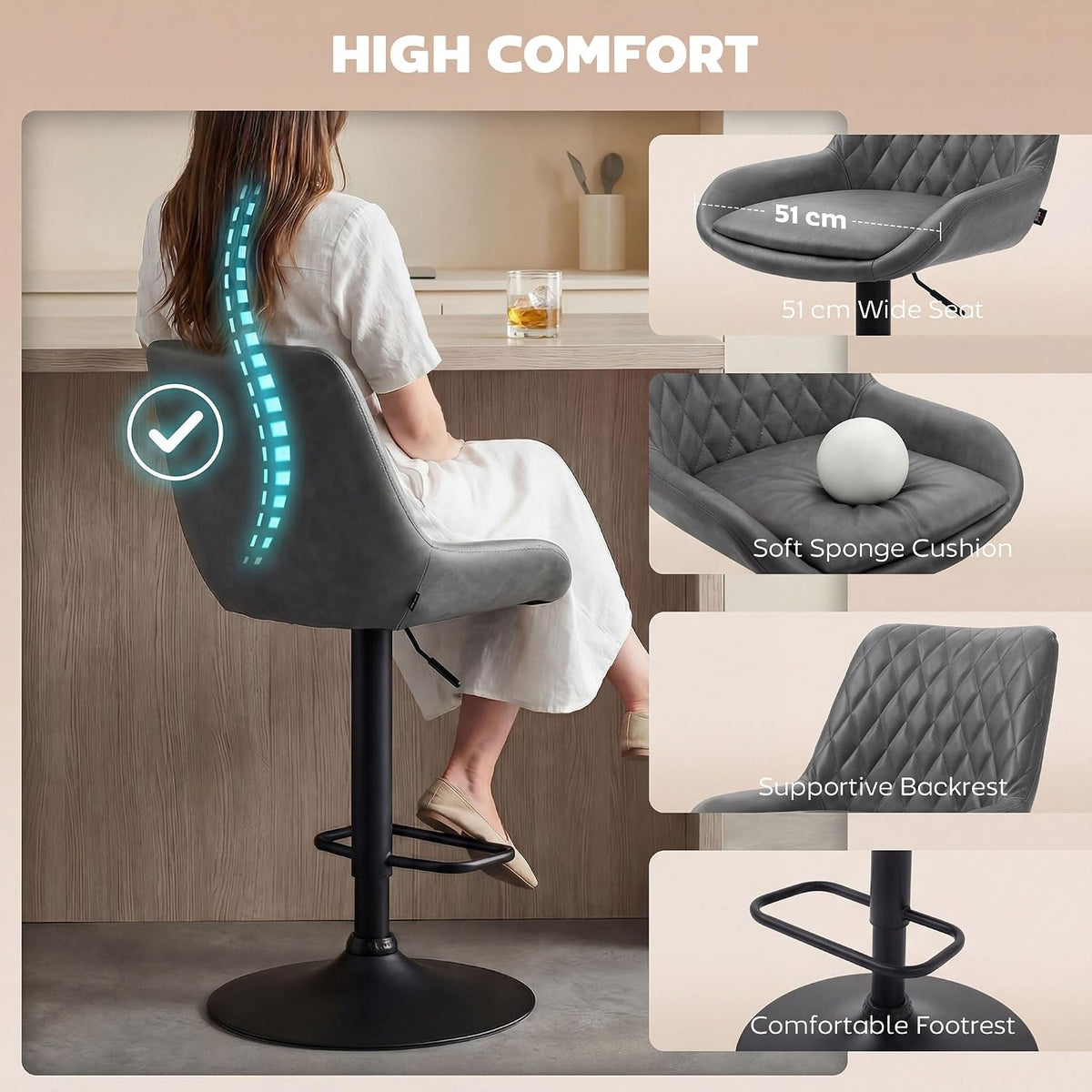 HOMCOM Bar Stools Set of 2 w/ 51x40 cm Wide Seat, Large Base, Dark Grey