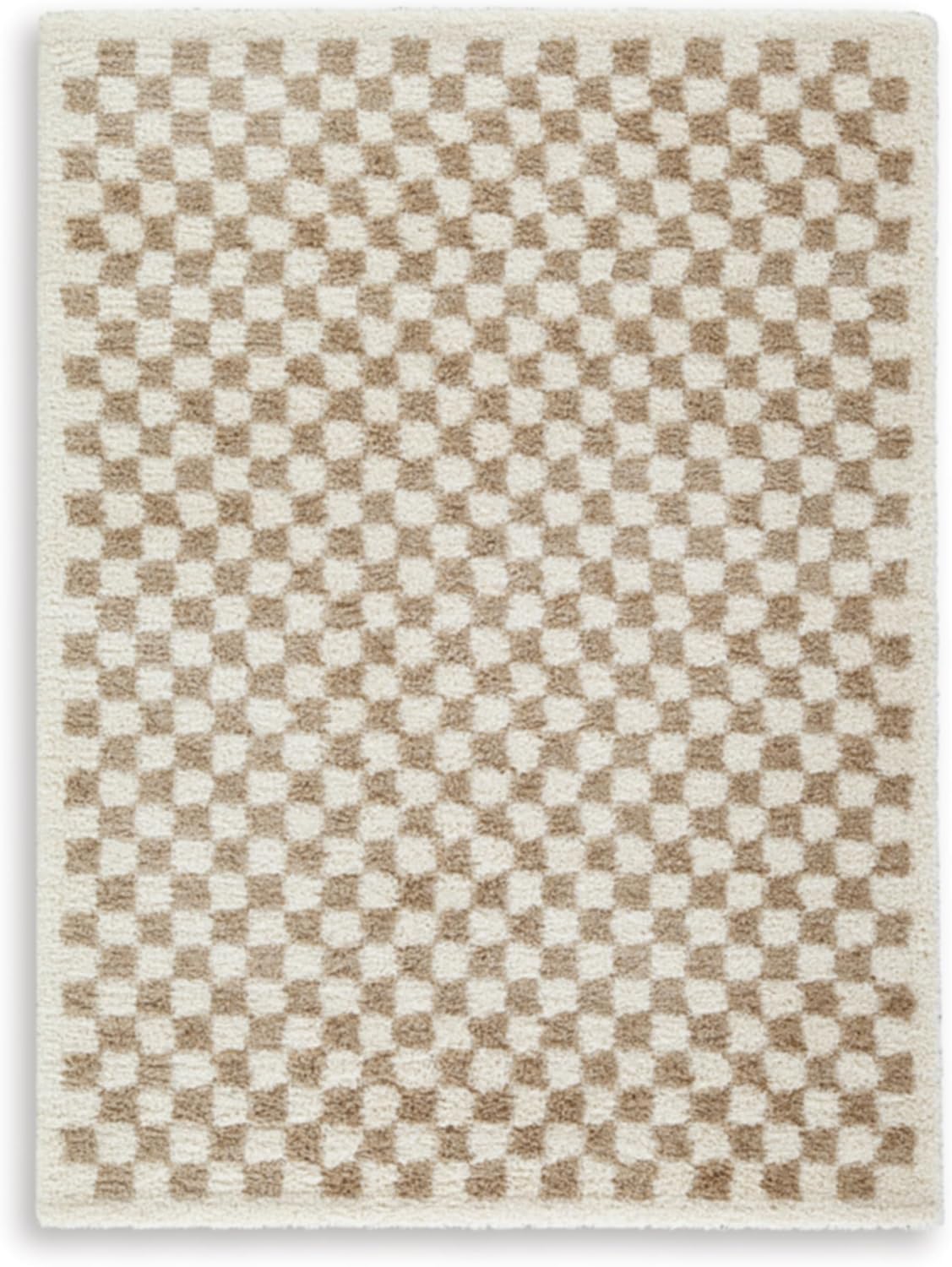 Signature Design by Ashley Checkered Shag Area Rug, Taupe/Ivory, 5x7 | 100% polypropylene 30 mm high pile, Soft plush texture for bedrooms and lounge areas, Karamen Series