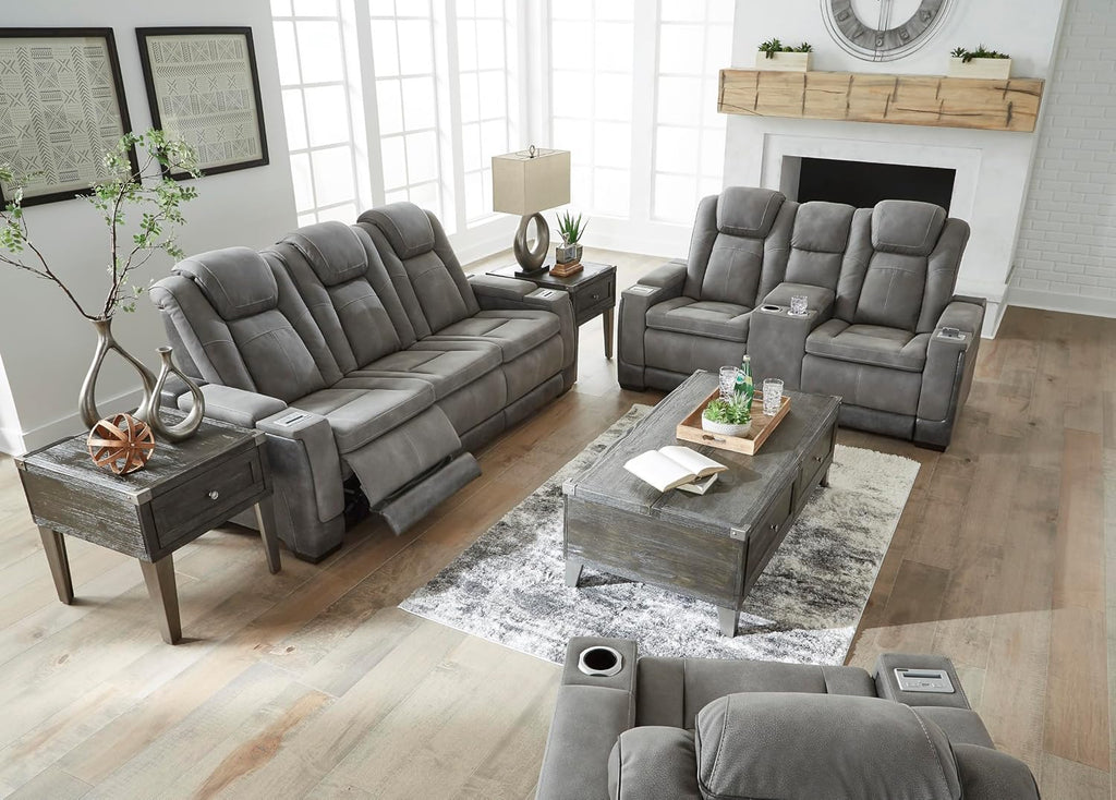 Signature Design by Ashley Faux Leather Power Reclining Sofa, Slate | 15-minute assembly, Zero gravity reclining couch, Drop-down table, Wireless charging, Power headrest, Next-Gen series