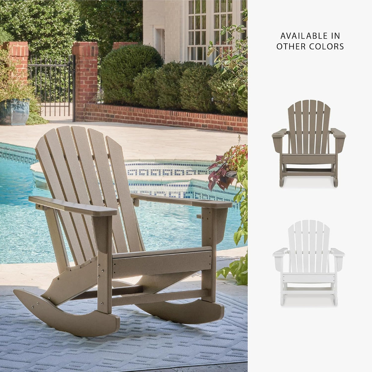 Signature Design by Ashley Sundown Treasure HDPE Outdoor Rocking Chair | All-weather HDPE resin Adirondack chair with built-in cup holder, Classic slat-back design for porches and patios