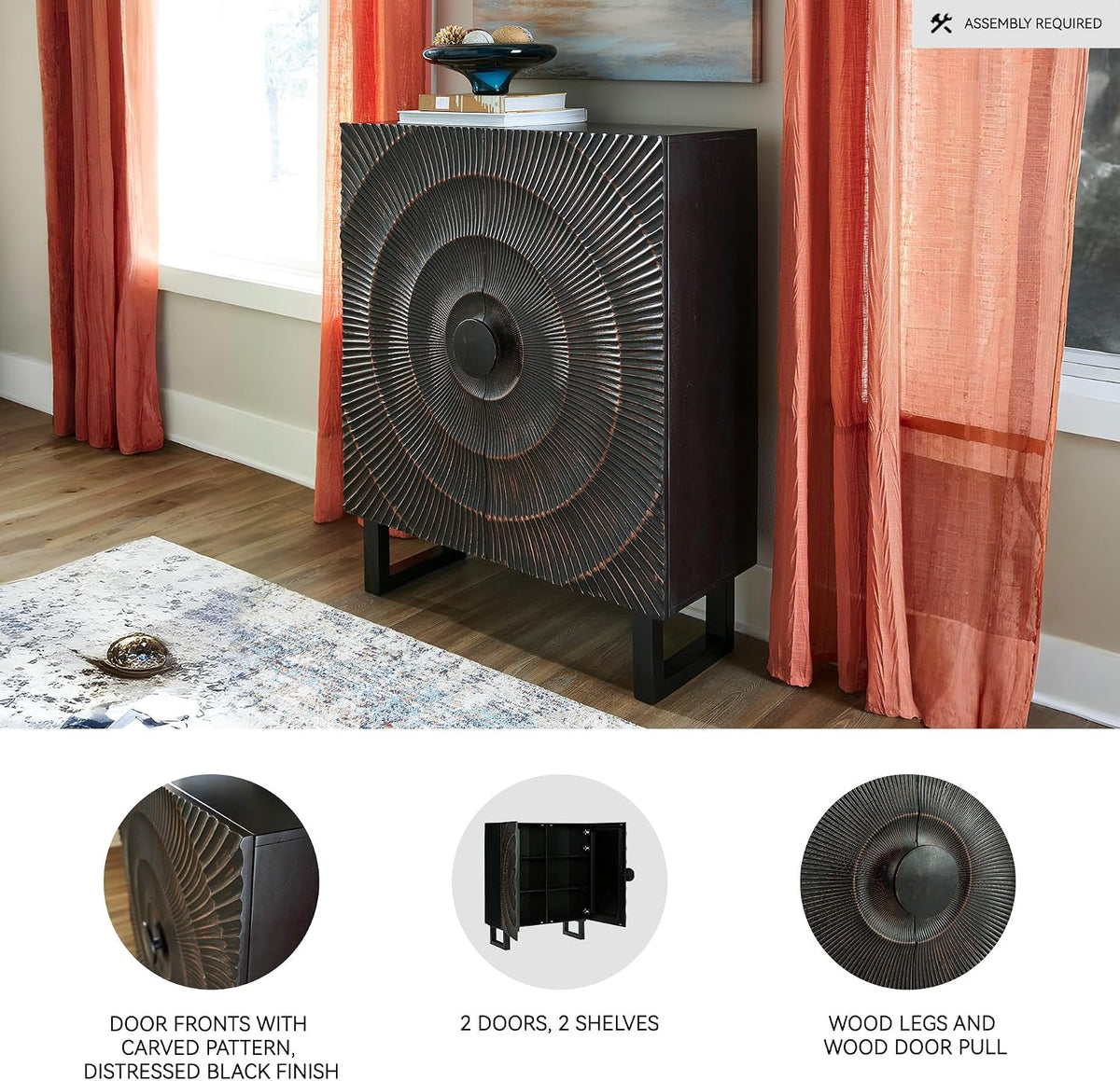 Signature Design by Ashley Fosterman Tall Sunburst Accent Cabinet, Black | Carved sunburst doors, Solid and engineered wood, 15-minute easy assembly, Storage credenza