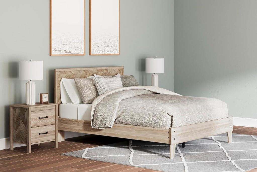 Signature Design by Ashley Battelle Nightstand, Mid Century Modern 2 Drawer Bedside Table, Engineered Wood Construction for Bedroom Storage, Light Oak Finish, 22 inches W
