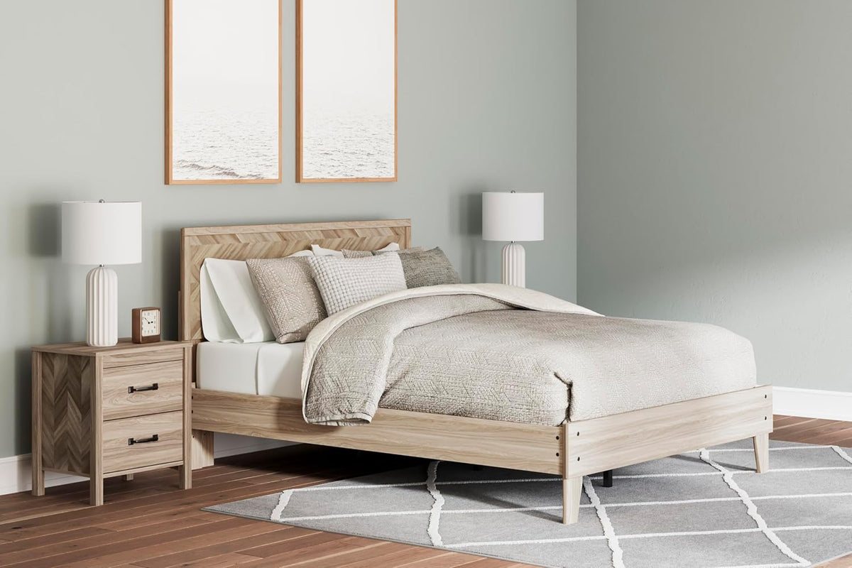 Signature Design by Ashley Battelle Nightstand, Mid Century Modern 2 Drawer Bedside Table, Engineered Wood Construction for Bedroom Storage, Light Oak Finish, 22 inches W