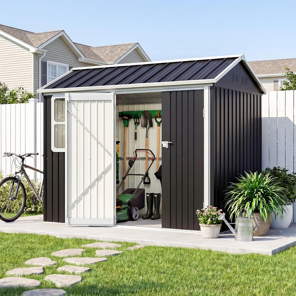 8.5 * 5.5 FT Metal Shed Garden Storage, Garden Shed, Waterproof Galvanized Steel with Window, Outdoor Apex Roof Shed with Lockable Double Doors&Gloves for Patio, Garden, Backyard, Bike, Garbage Bin