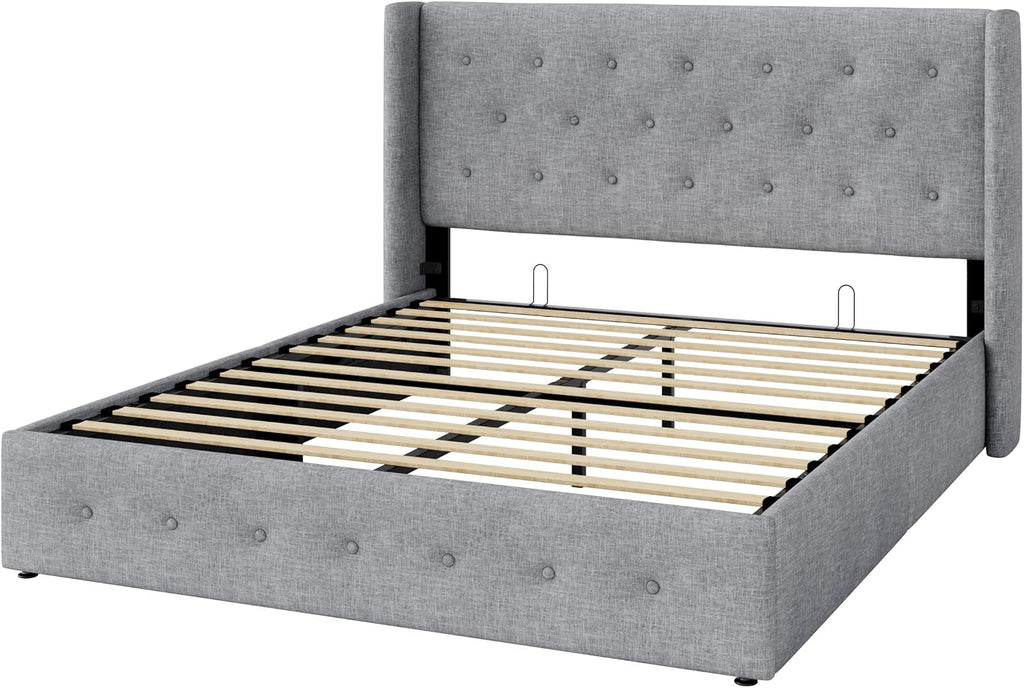 Allewie Queen Size Lift Up Storage Button-Tufted Bed Frame Light Grey