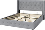 Allewie Queen Size Lift Up Storage Button-Tufted Bed Frame Light Grey