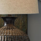 Signature Design by Ashley Magan Metal Table Lamp, 28", Antique Bronze | Antique bronze-tone metal base, Textured pattern, Fabric modified drum shade, Living room or entryway use, 3-way switch