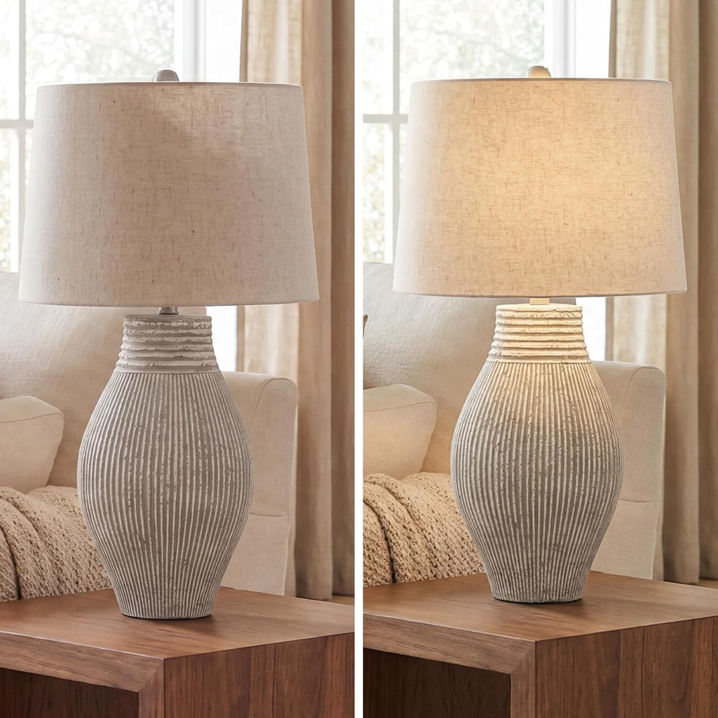 Signature Design by Ashley Layal 29" Table Lamp, Living Room, Beige | Textured paper composite base with 16-inch modified drum shade, 3-way switch for side accents, Stable 10-lb base