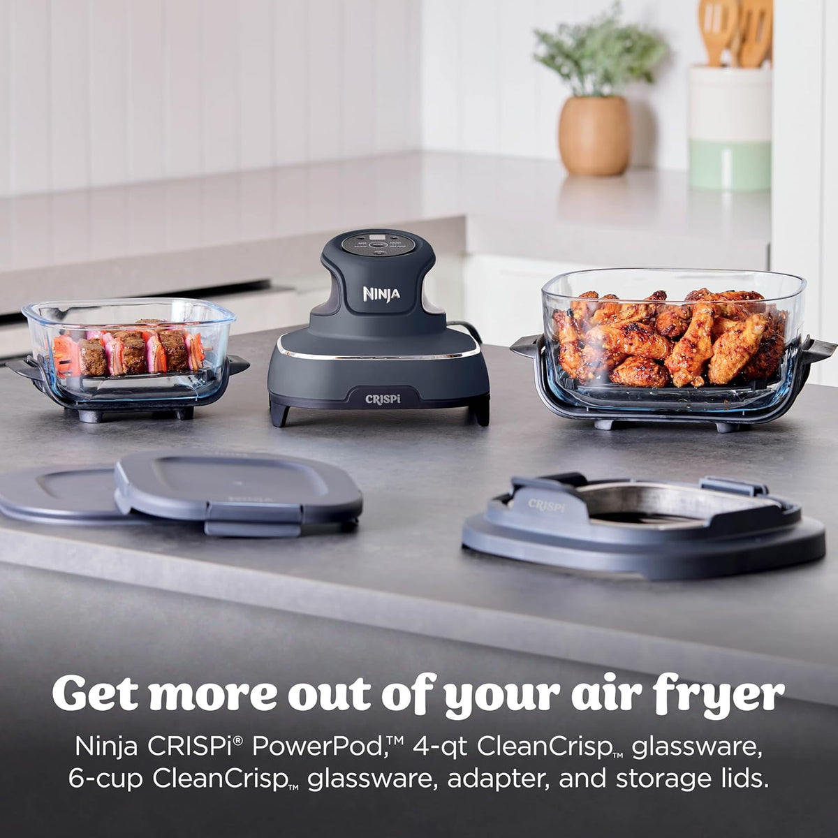 Ninja Crispi Glass Air Fryer, 4-in-1, Grey, FN101GY | Max crisp, bake, air fry, recrisp, 450F max, 4 Qt and 6 Cup containers, PFAS-free glass