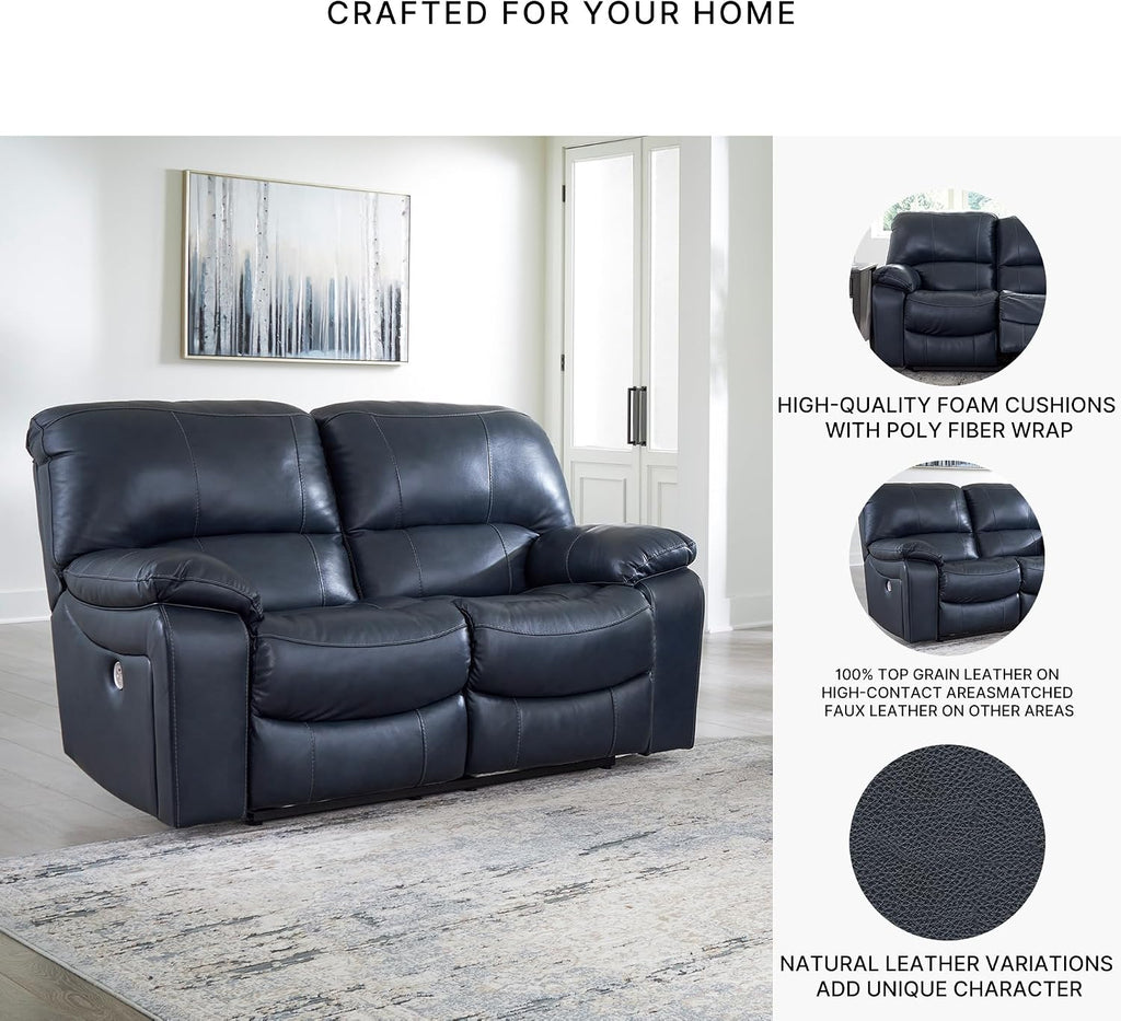 Signature Design by Ashley Leesworth Power Reclining Loveseat, Ocean Blue | Space-saving zero wall design, Top grain leather touchpoints, Built-in zero-draw USB ports, 32 in minimum doorway width