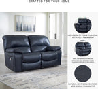 Signature Design by Ashley Leesworth Power Reclining Loveseat, Ocean Blue | Space-saving zero wall design, Top grain leather touchpoints, Built-in zero-draw USB ports, 32 in minimum doorway width