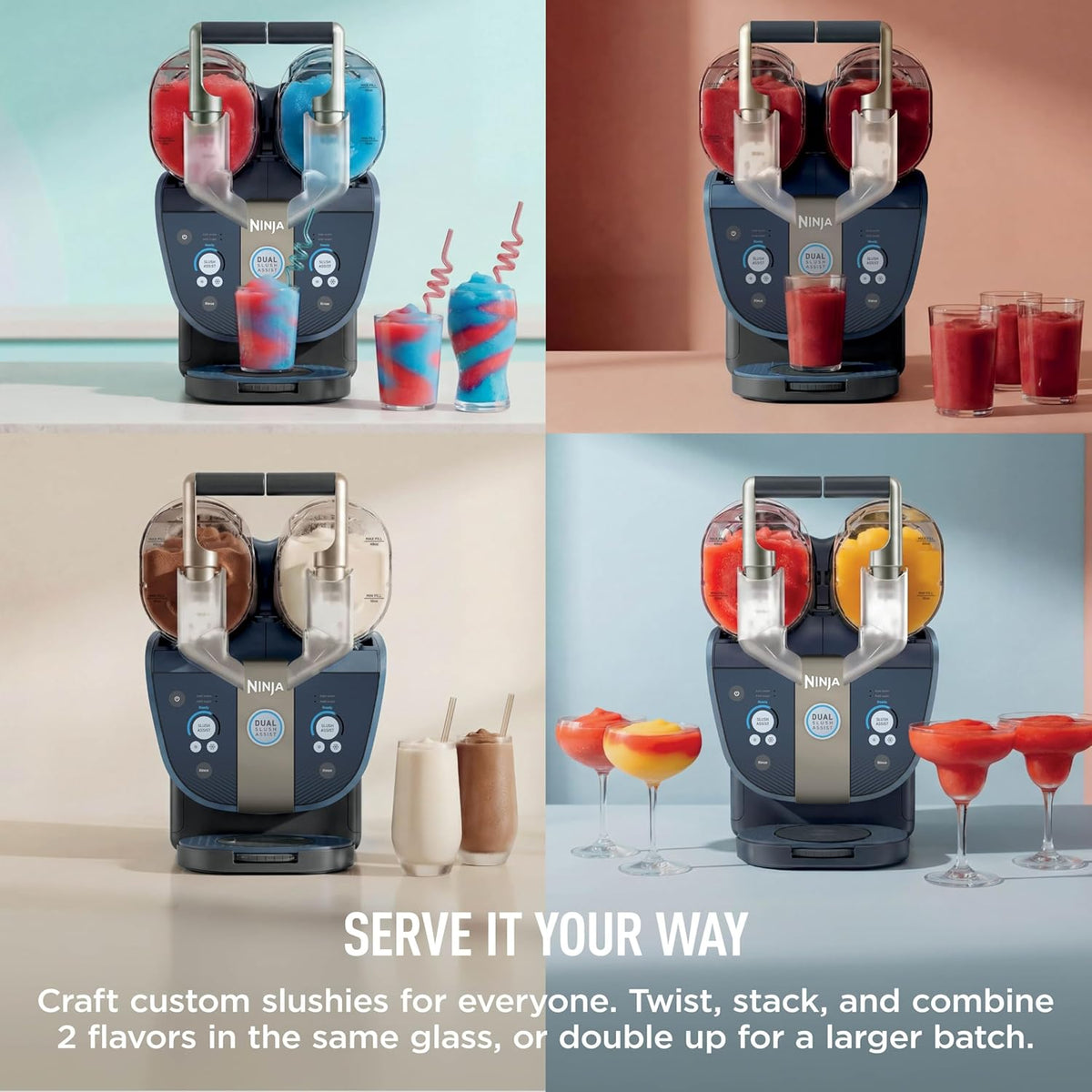 Ninja SLUSHi Twist Smart Frozen Drink Maker with Dual SlushAssist, FS701BL | 2 SLUSHI MACHINES IN 1, Serve separately or twist together, Dual SlushAssist Technology, 10+ Servings, two 72 oz vessel