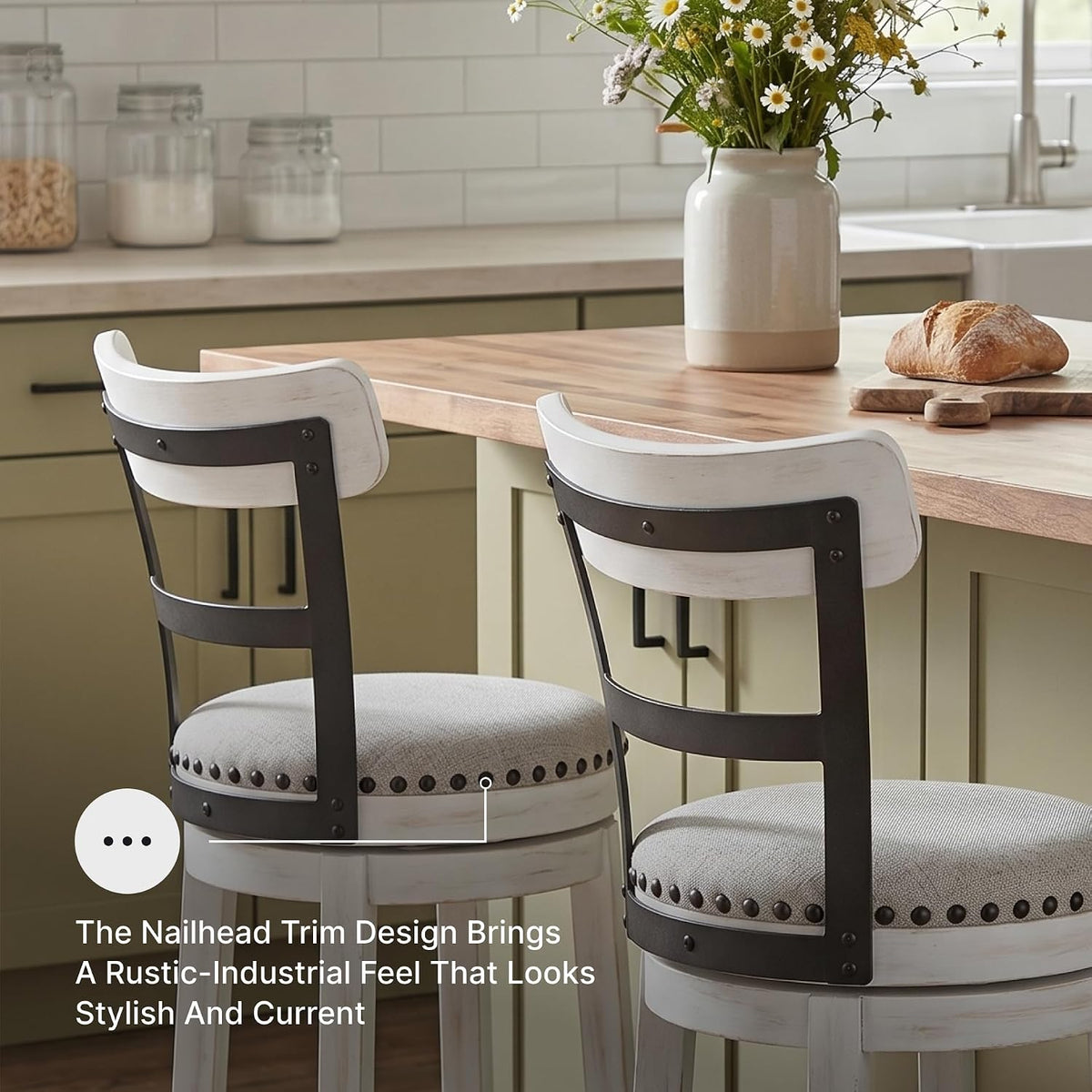 Signature Design by Ashley Valebeck 1-Piece Swivel Barstool, 30 In | Rustic white bar stools, Wood, engineered wood and metal frame, Cushioned polyester seat for pub tables, Farmhouse style