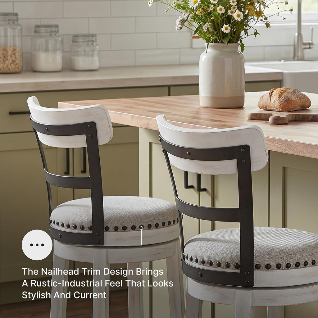 Signature Design by Ashley Valebeck 1-Piece Swivel Barstool, 30 In | Rustic white bar stools, Wood, engineered wood and metal frame, Cushioned polyester seat for pub tables, Farmhouse style