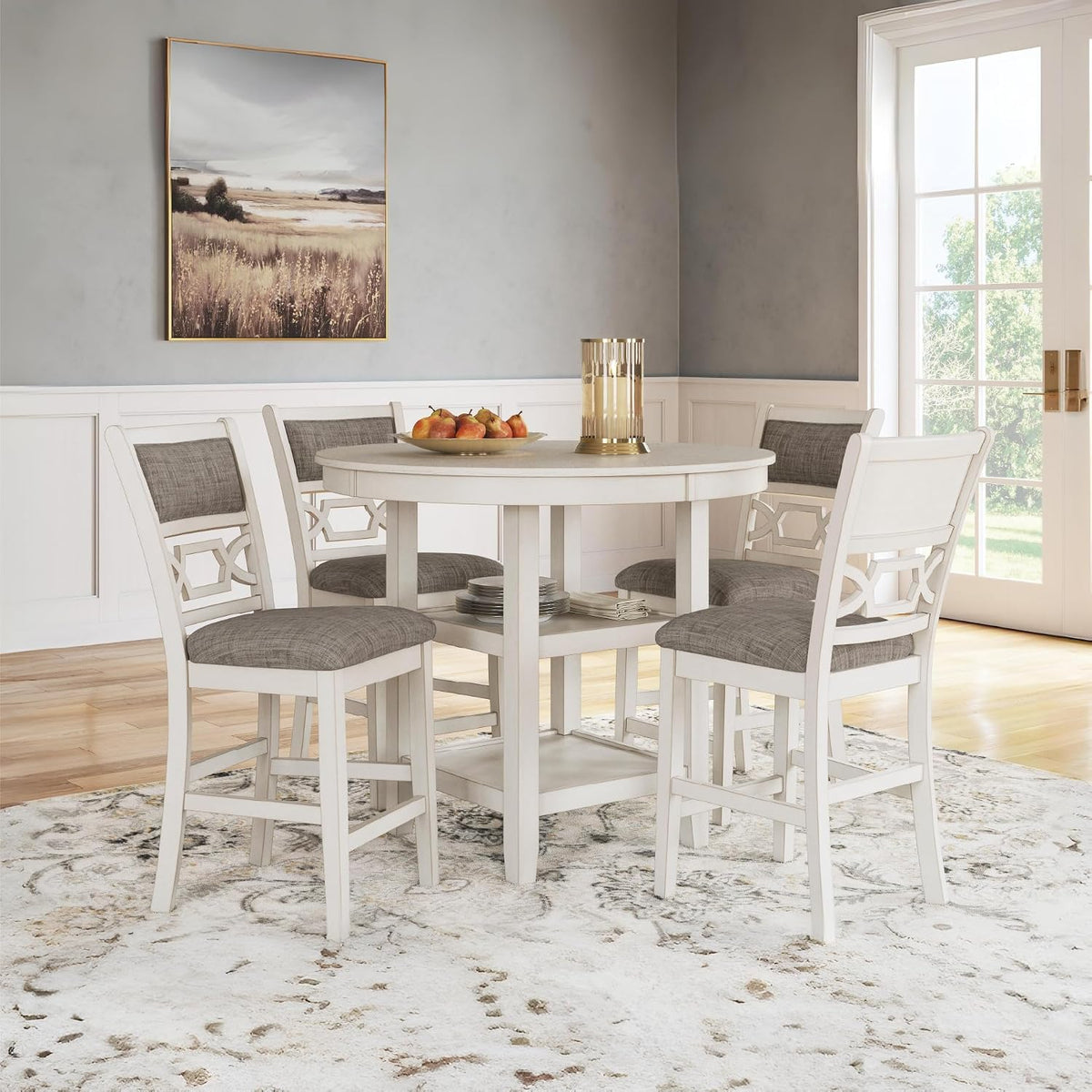 Signature Design by Ashley Round Dining Table Set for 4, Counter Height | 42-inch round table with built-in storage shelves, 4 foam-cushioned light gray barstools, Antique white finish, Erinberg