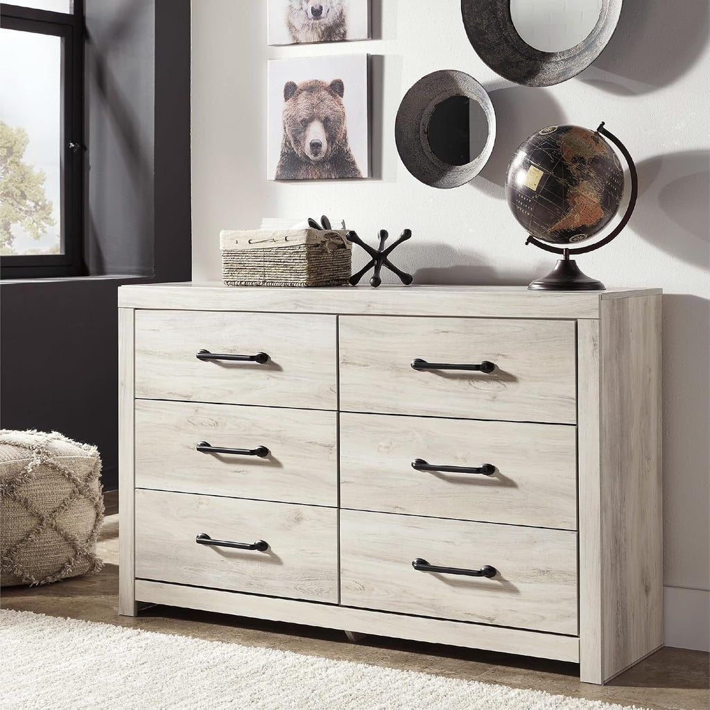 Signature Design by Ashley Cambeck 6 Drawer Dresser, Farmhouse White Wood | 59"W double dresser in engineered wood and decorative laminate, 6 drawers with faux linen lining, Includes tip restraint