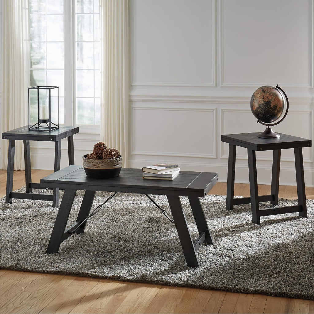 Signature Design by Ashley Farmhouse 3-Piece Table Set, Black Wash | Acacia veneers wood and engineered wood, Distressed black wash finish, Casual farmhouse style, Indoor use, Noorbrook Series