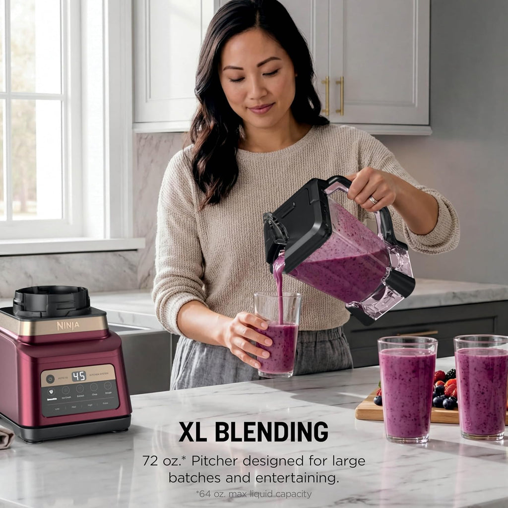Ninja Professional Plus Kitchen System, 1400WP, Auto-iQ, Red, BN801RD1BRN | 5 functions for smoothies, chopping & dough with Auto-iQ. 72-oz blender pitcher, 64-oz processor, (2) 24-oz cups.
