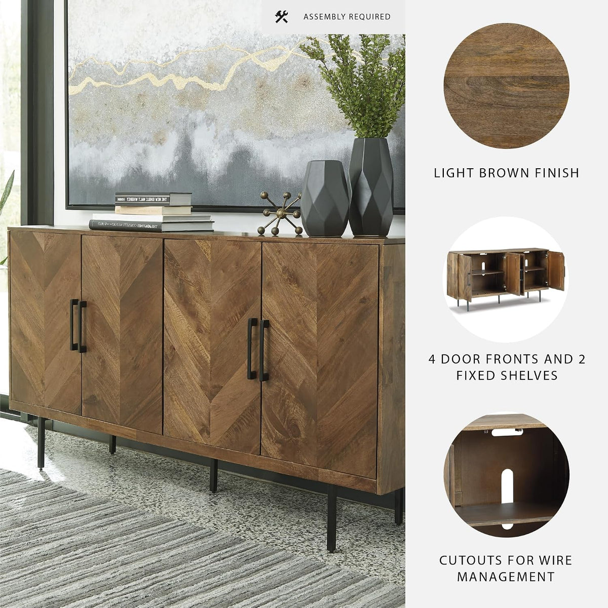 Signature Design by Ashley Accent Cabinet, Wood Credenza, Prattville | 68-inch contemporary credenza, Textured chevron doors, Durable solid and engineered wood construction, Multi-room use