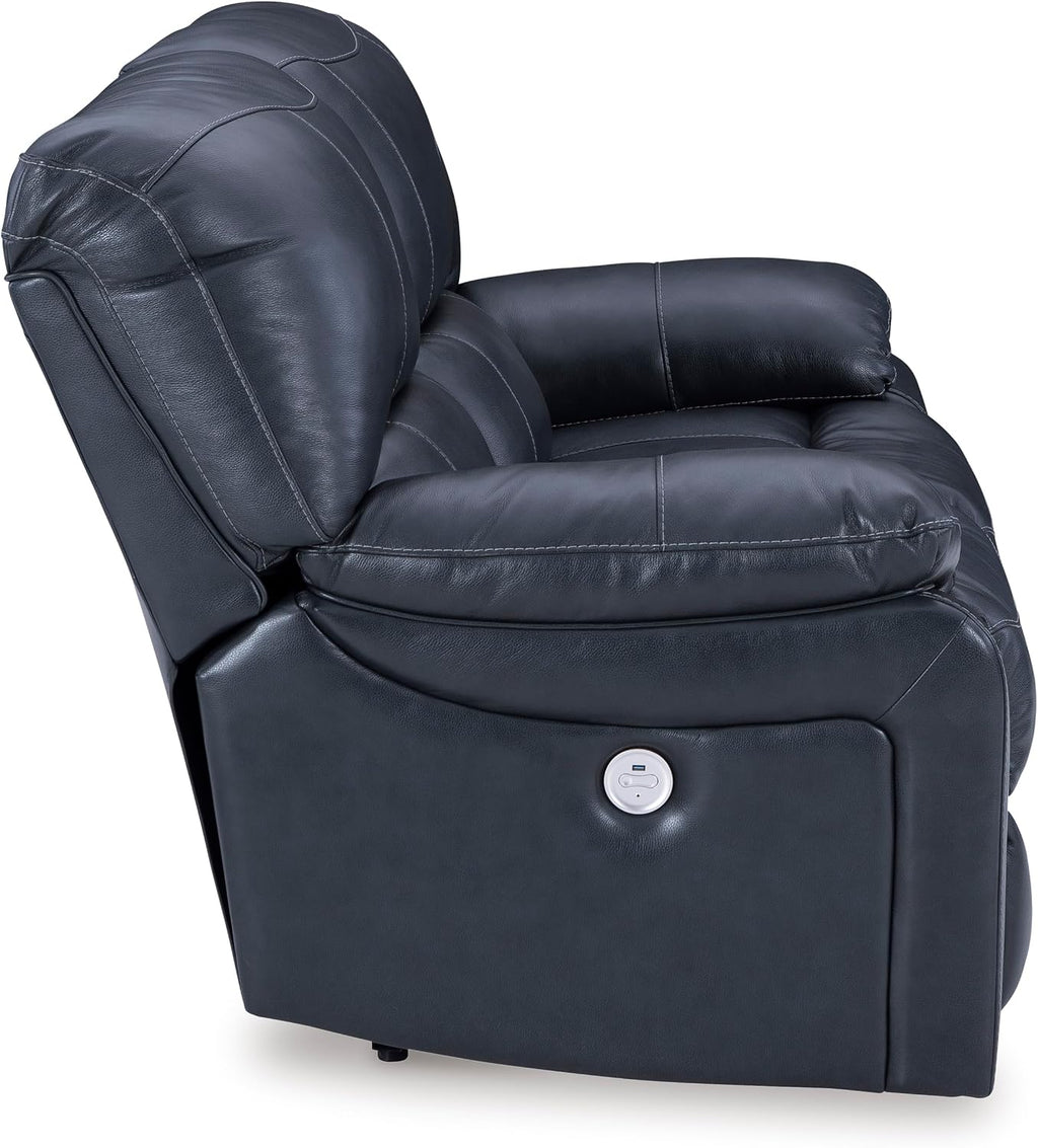 Signature Design by Ashley Leesworth Power Reclining Loveseat, Ocean Blue | Space-saving zero wall design, Top grain leather touchpoints, Built-in zero-draw USB ports, 32 in minimum doorway width