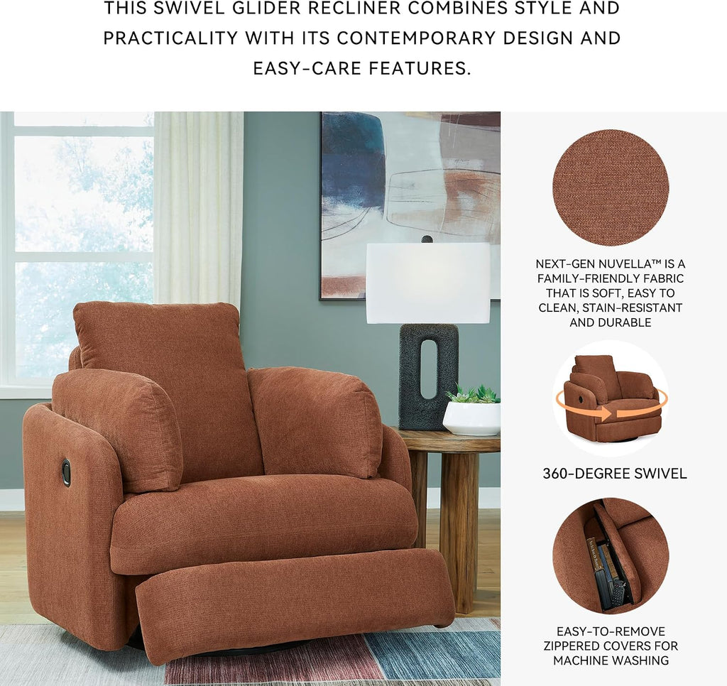Signature Design by Ashley Modmax Contemporary Swivel Glider Recliner, Manual Reclining Chair for Living Room or Nursery, Next-Gen Nuvella Stain-Resistant Fabric, Hidden Storage, 42" W, Orange