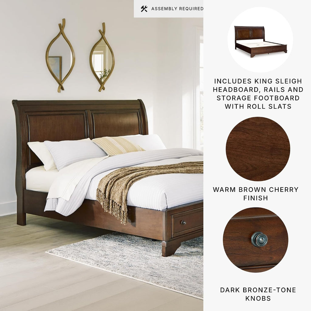 Signature Design by Ashley King Sleigh Storage Bed Frame, Brown | Hardwood solids, Select hardwood veneer and MDF substrate, King sleigh bed, Dark bronze-tone knobs, Trellington Series