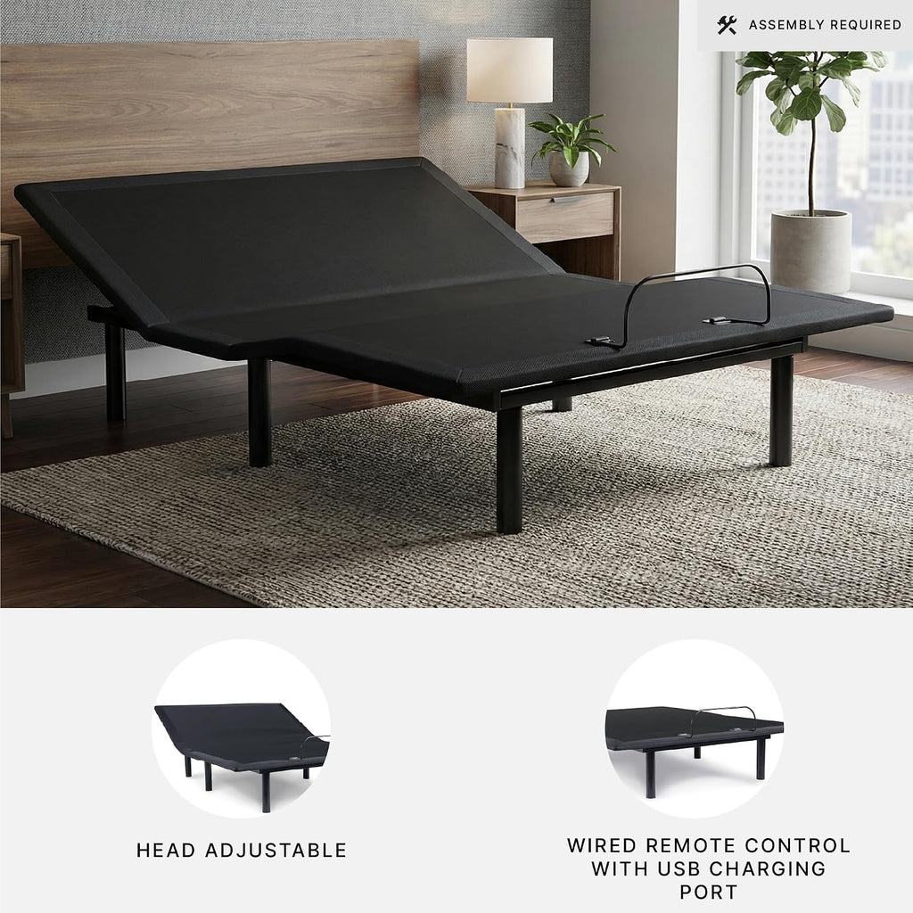 Signature Design by Ashley Adjustable Base Queen Bed Frame, Head Up Only | 100% polyester upholstery, Sturdy metal frame, Memory foam and hybrid compatible, Wired remote, No box spring needed