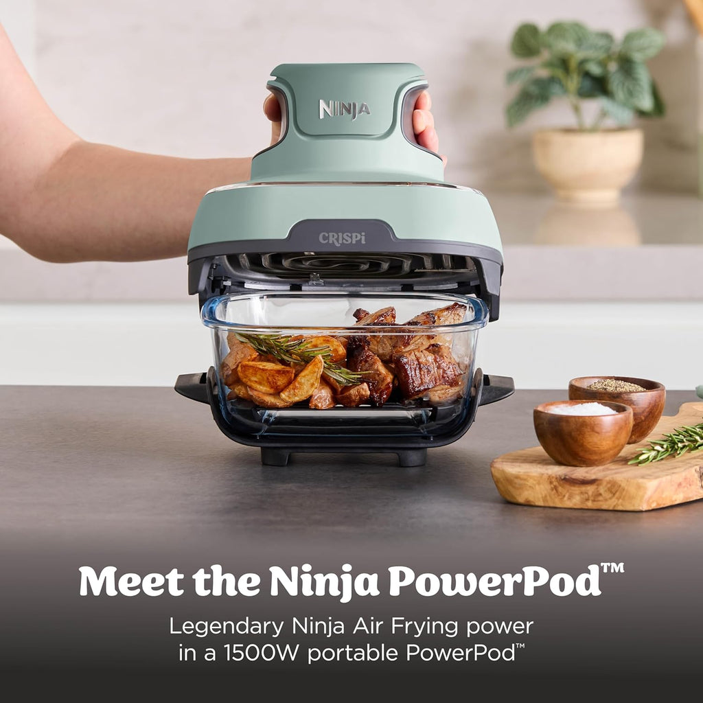 Ninja Crispi Glass Air Fryer, 4-in-1, Green, FN101SG | Max crisp, bake, air fry, recrisp, 450F max, 4 Qt and 6 Cup containers, PFAS-free glass