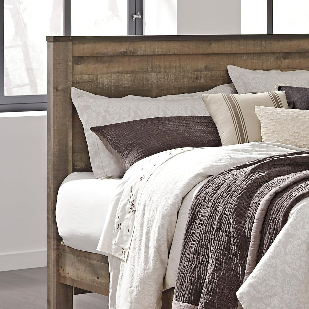 Signature Design by Ashley Trinell King Panel Headboard, Brown | Engineered wood panel, Rustic plank finish, Authentic touch texture, Nailhead accents, 5 minute assembly