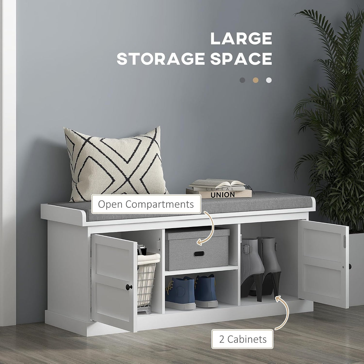 HOMCOM Shoe Bench with Seat, Cushion, 2 Cabinets, Adjustable Shelf, White