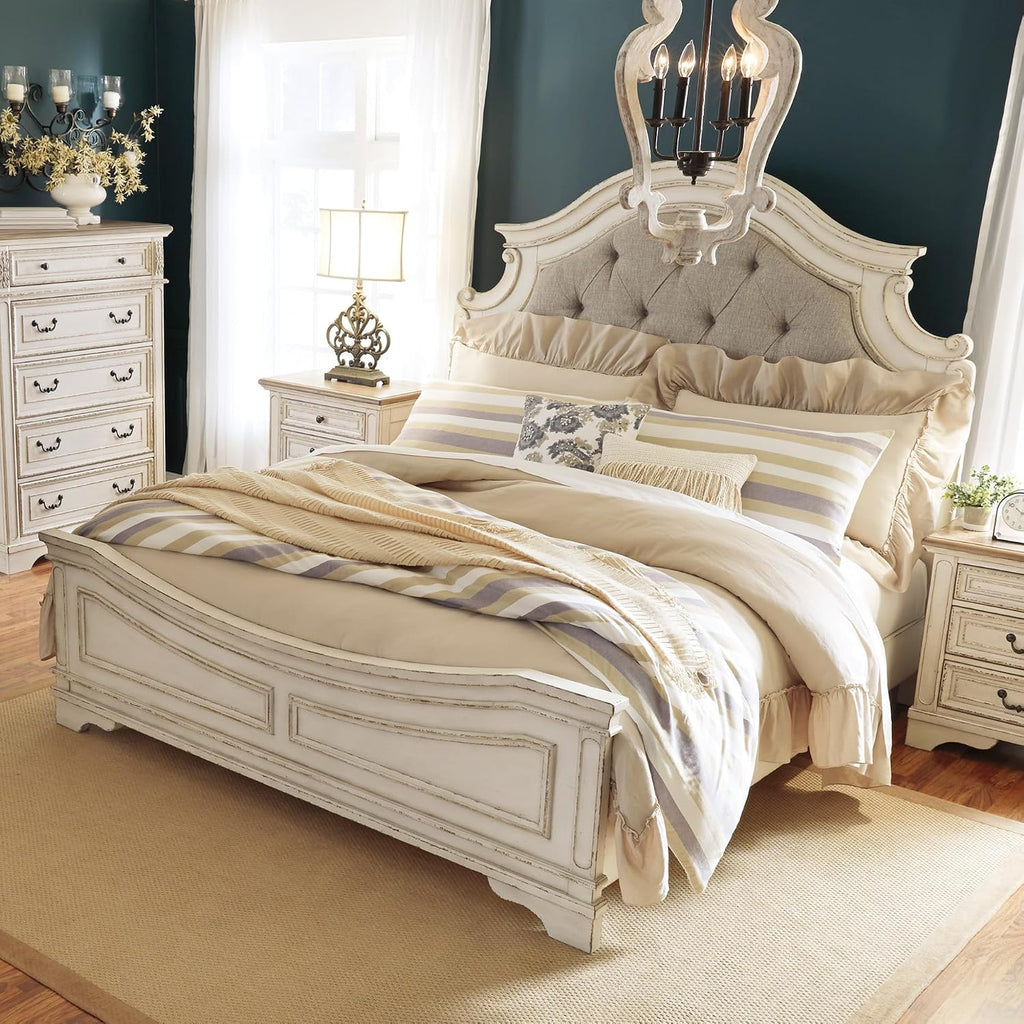 Signature Design by Ashley Realyn Queen Upholstered Bed Frame | 71-inch tall tufted headboard, Traditional panel bed of veneers, wood and engineered wood, French country style