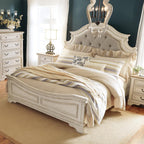 Signature Design by Ashley Realyn Queen Upholstered Bed Frame | 71-inch tall tufted headboard, Traditional panel bed of veneers, wood and engineered wood, French country style