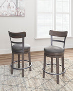 Signature Design by Ashley 1-Piece Swivel Counter Height Bar Stool, Gray | 24-inch seat height, Solid wood base, Metal back supports, Easy-clean polyester upholstery, Nailhead trim, Caitbrook Series