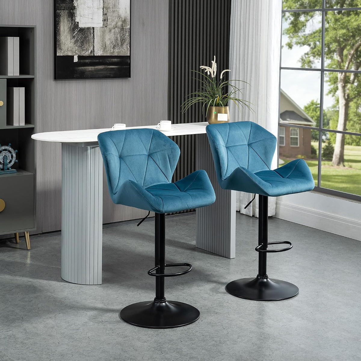 HOMCOM Bar Stools Luxurious Velvet-Touch Footrest Swivel Set Of 2 Blue