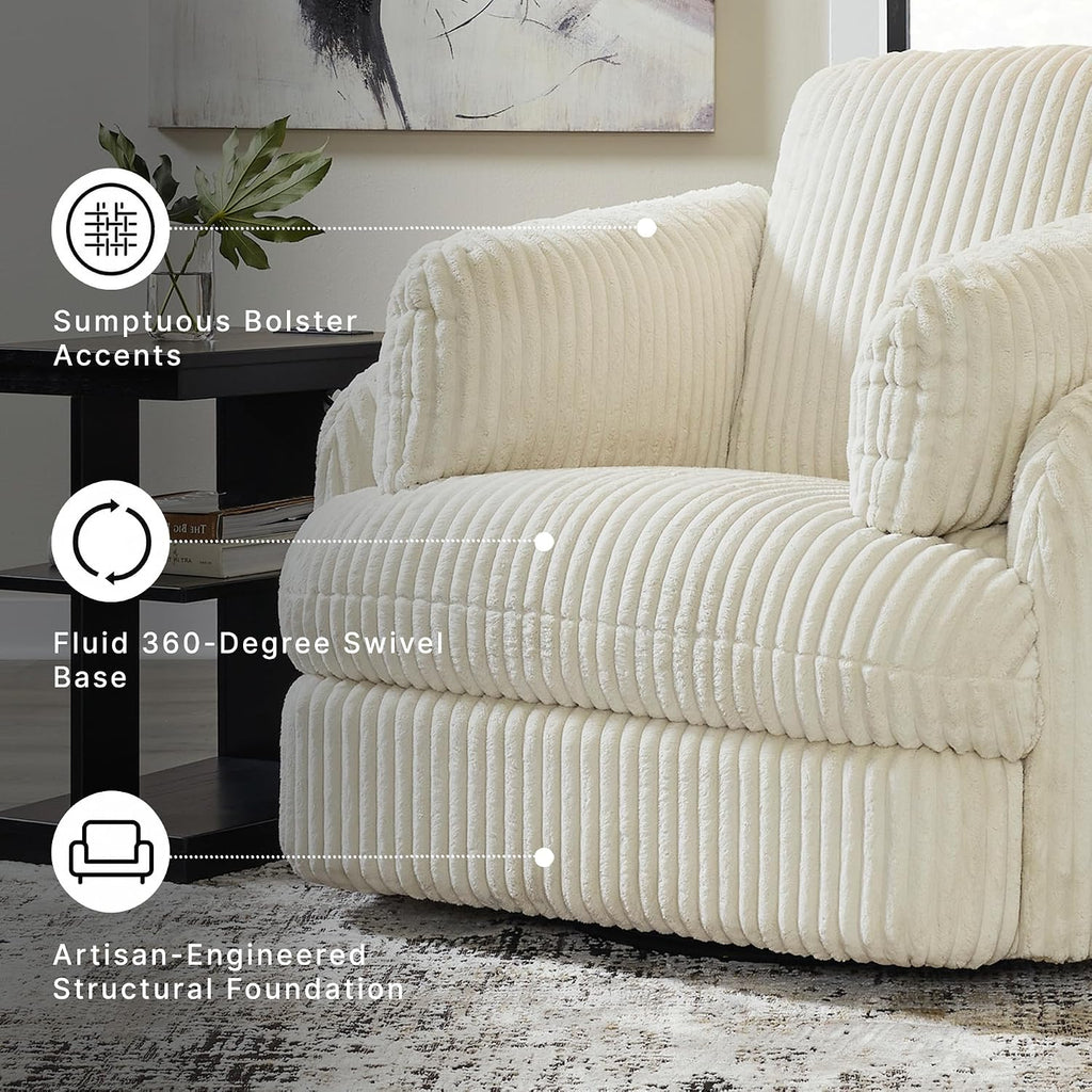 Signature Design by Ashley Oversized Swivel Glider Recliner, Ivory | Hidden armrest storage, Soft polyester cord, Smooth 360-degree rotation, Rocking chair motion, Tie-Breaker Series