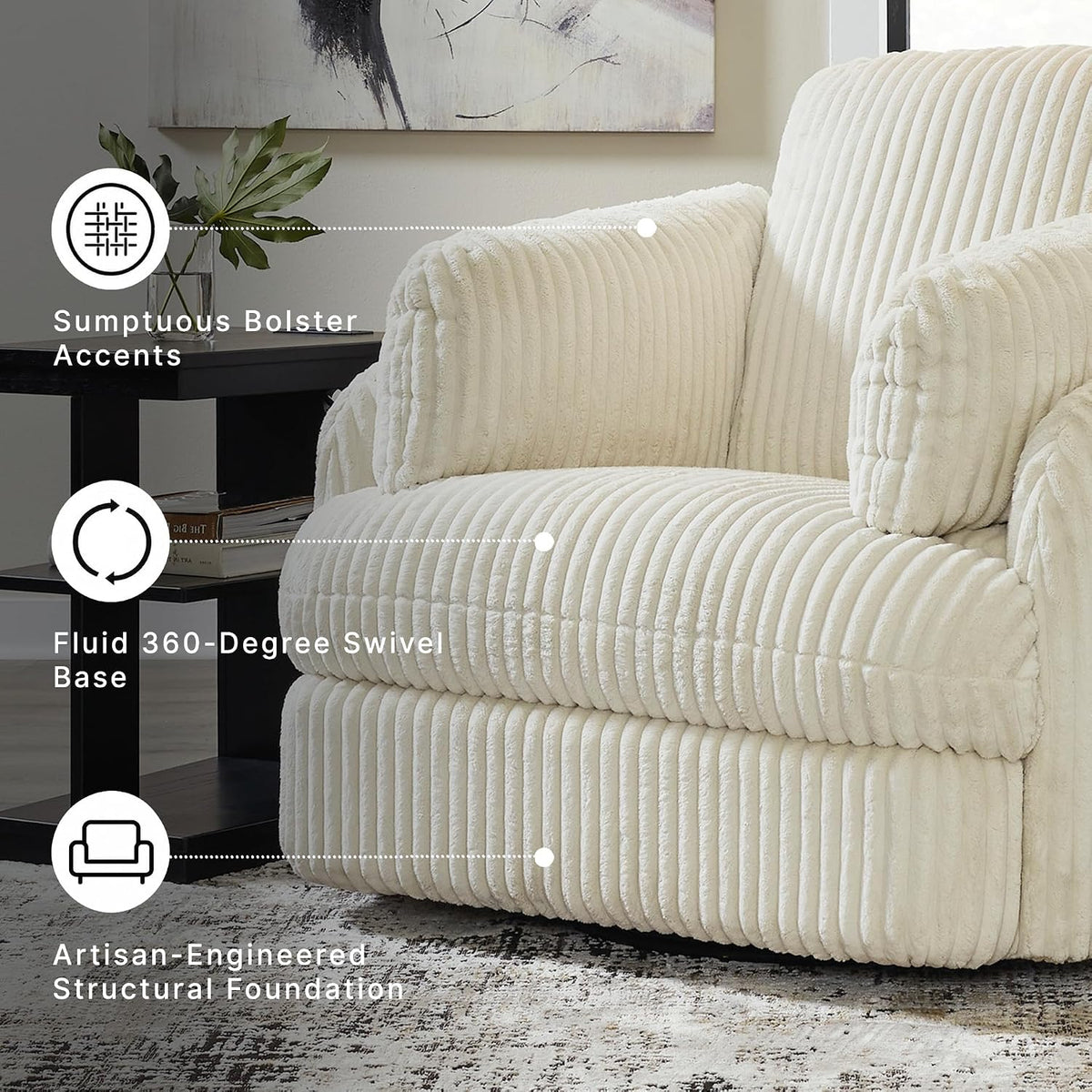 Signature Design by Ashley Oversized Swivel Glider Recliner, Ivory | Hidden armrest storage, Soft polyester cord, Smooth 360-degree rotation, Rocking chair motion, Tie-Breaker Series