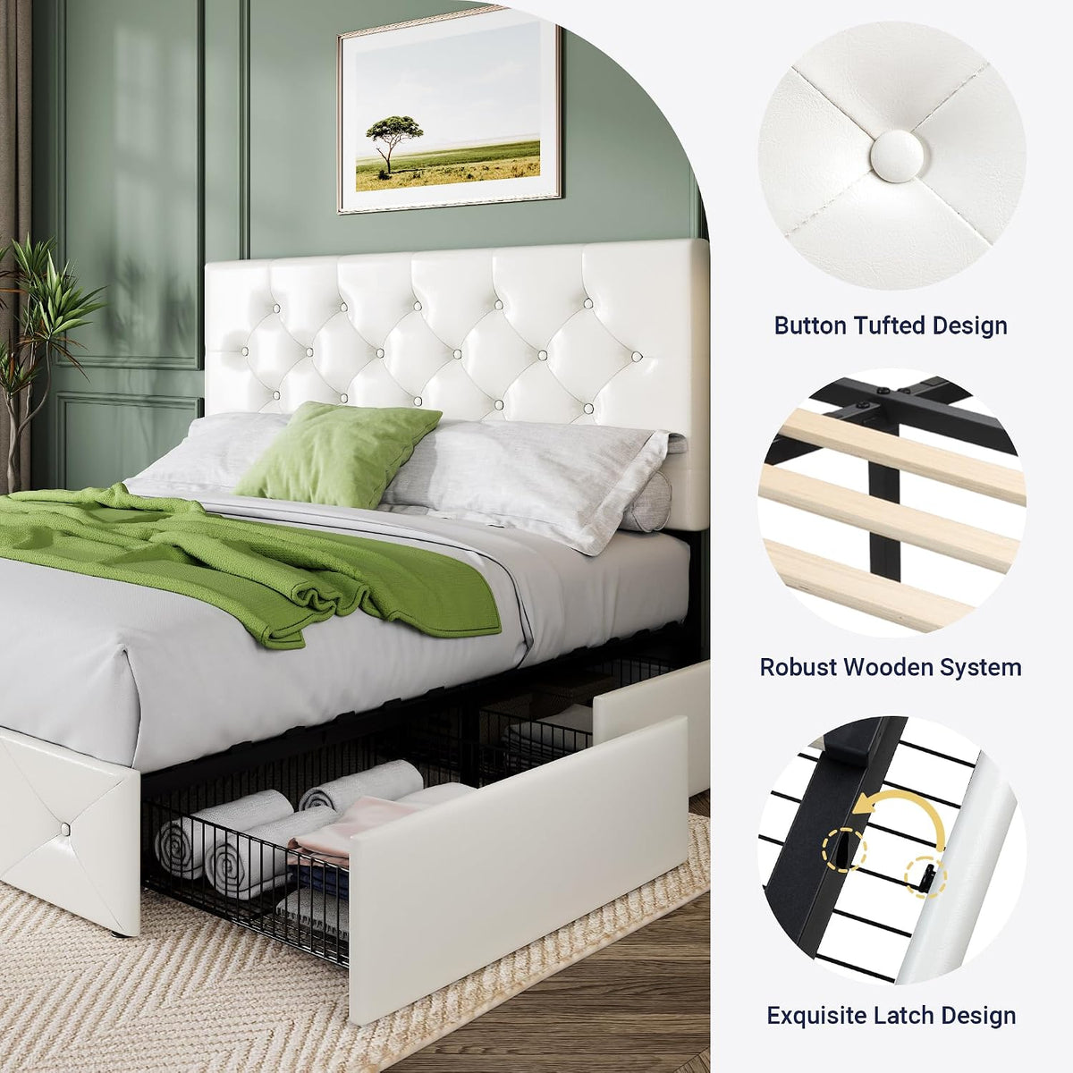 Allewie Queen Size Storage Bed Frame with 4 Underbed Drawers, Upholstered Platform Bed with Adjustable Headboard, Diamond Button Tufted, Easy Assembly, Noise-Free, No Box Spring Needed, White