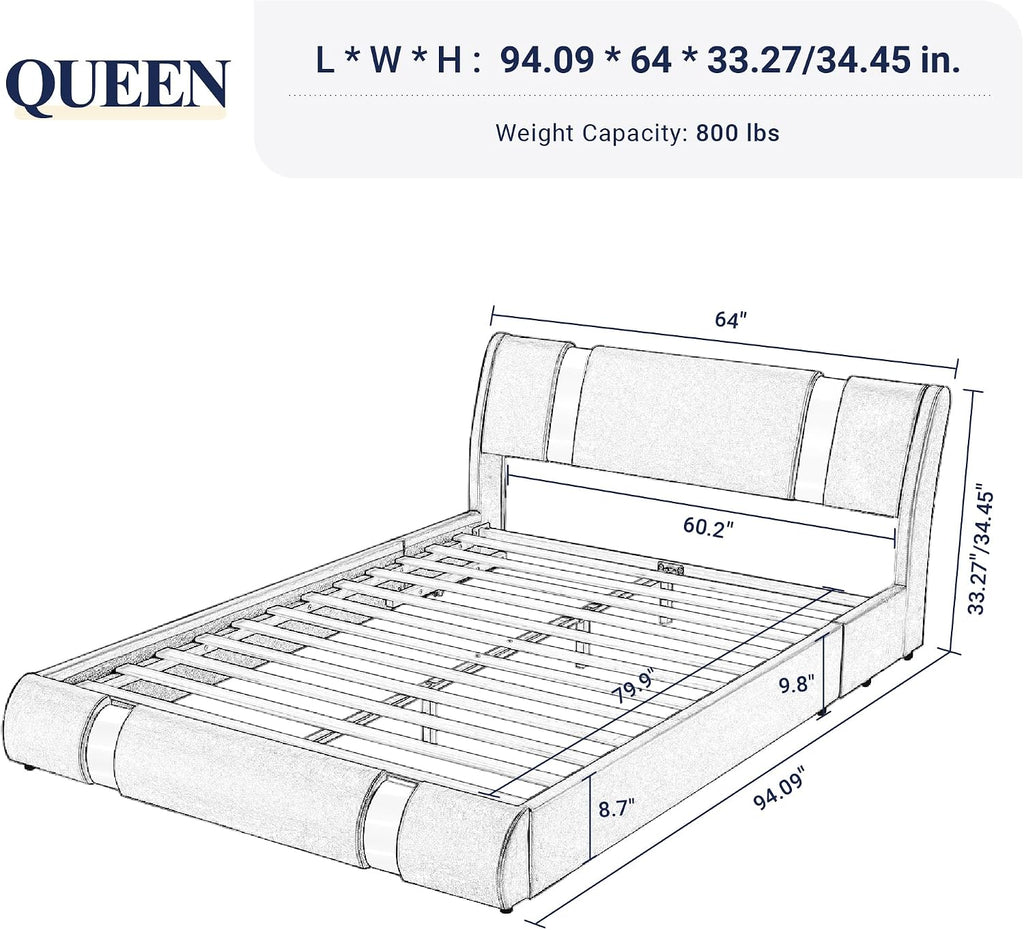 Allewie Queen Bed Frame with Iron Piece Decor, Faux Leather, Black