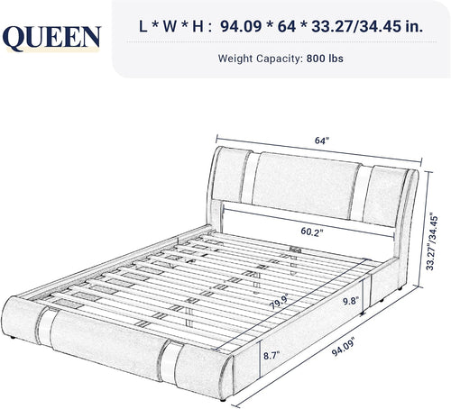 Allewie Queen Bed Frame with Iron Piece Decor, Faux Leather, Black